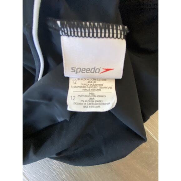 Black Speedo women's size 12 one piece swim bathing suit EUC white trim - Picture 4 of 4